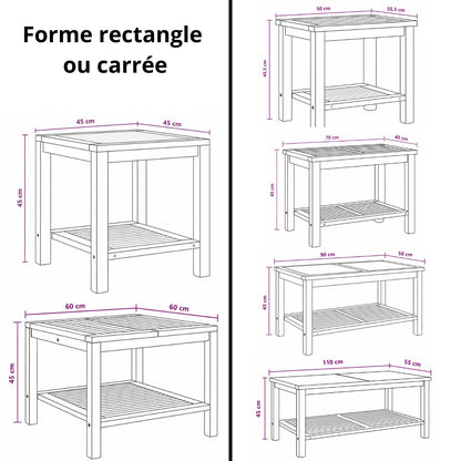 Dimensions table basse d’extérieur Tavora carrée et rectangulaire pour terrasse et salon de jardin