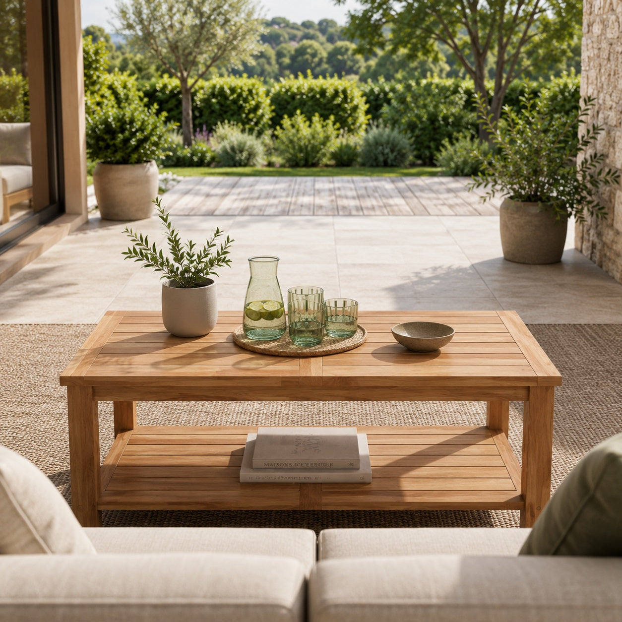 Table basse de jardin rectangulaire Tavora avec rangement bas pour salon extérieur convivial et élégant