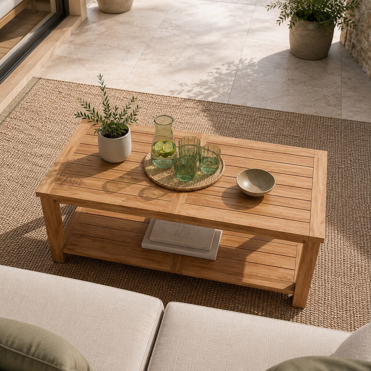 Table basse en bois vue à 60° de dessus sur terrasse élégante, avec étagère de rangement et accessoires déco naturels.
