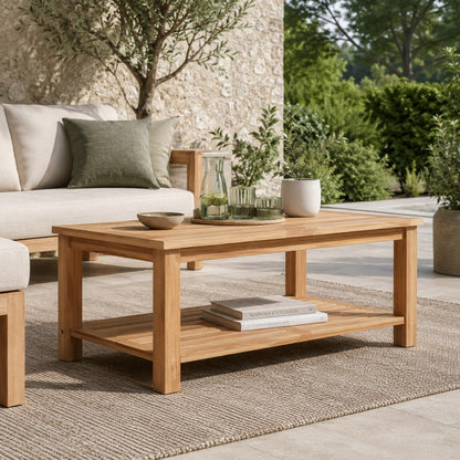 Table basse d’extérieur Tavora rectangulaire en bois sur terrasse moderne avec décoration naturelle