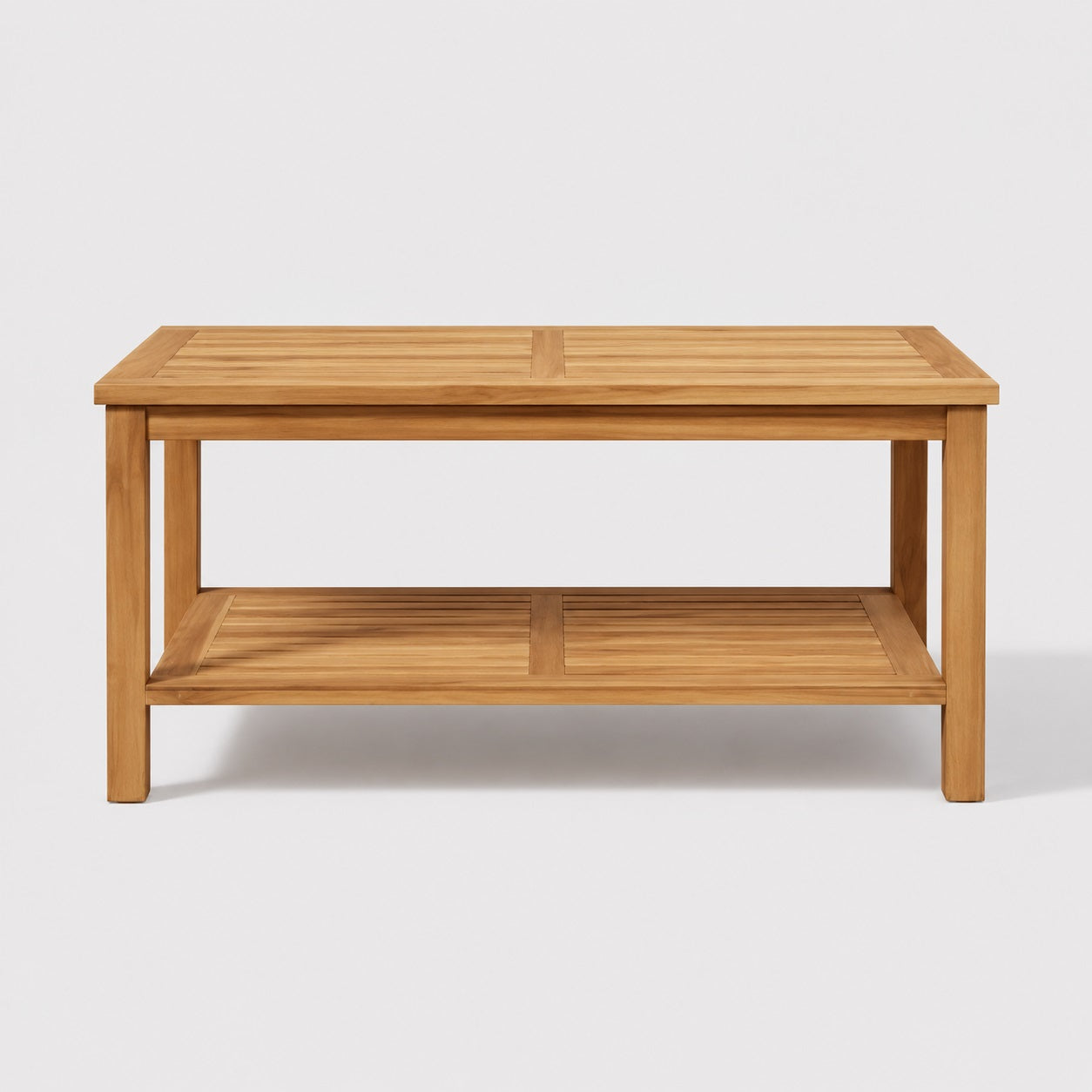Table basse d’extérieur Tavora rectangulaire vue face avec double plateau en bois naturel pour terrasse