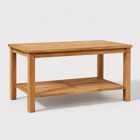 Table basse de jardin Tavora rectangulaire en bois avec étagère basse pour extérieur moderne et chaleureux