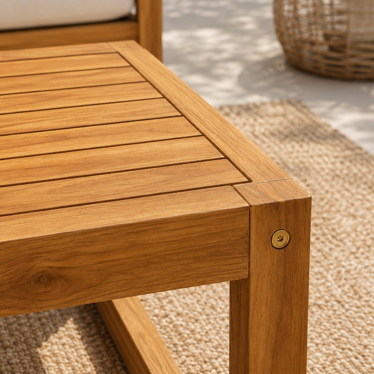 Gros plan d'une table basse de jardin en bois avec plateau à lattes, texture naturelle du bois et finition haut de gamme.