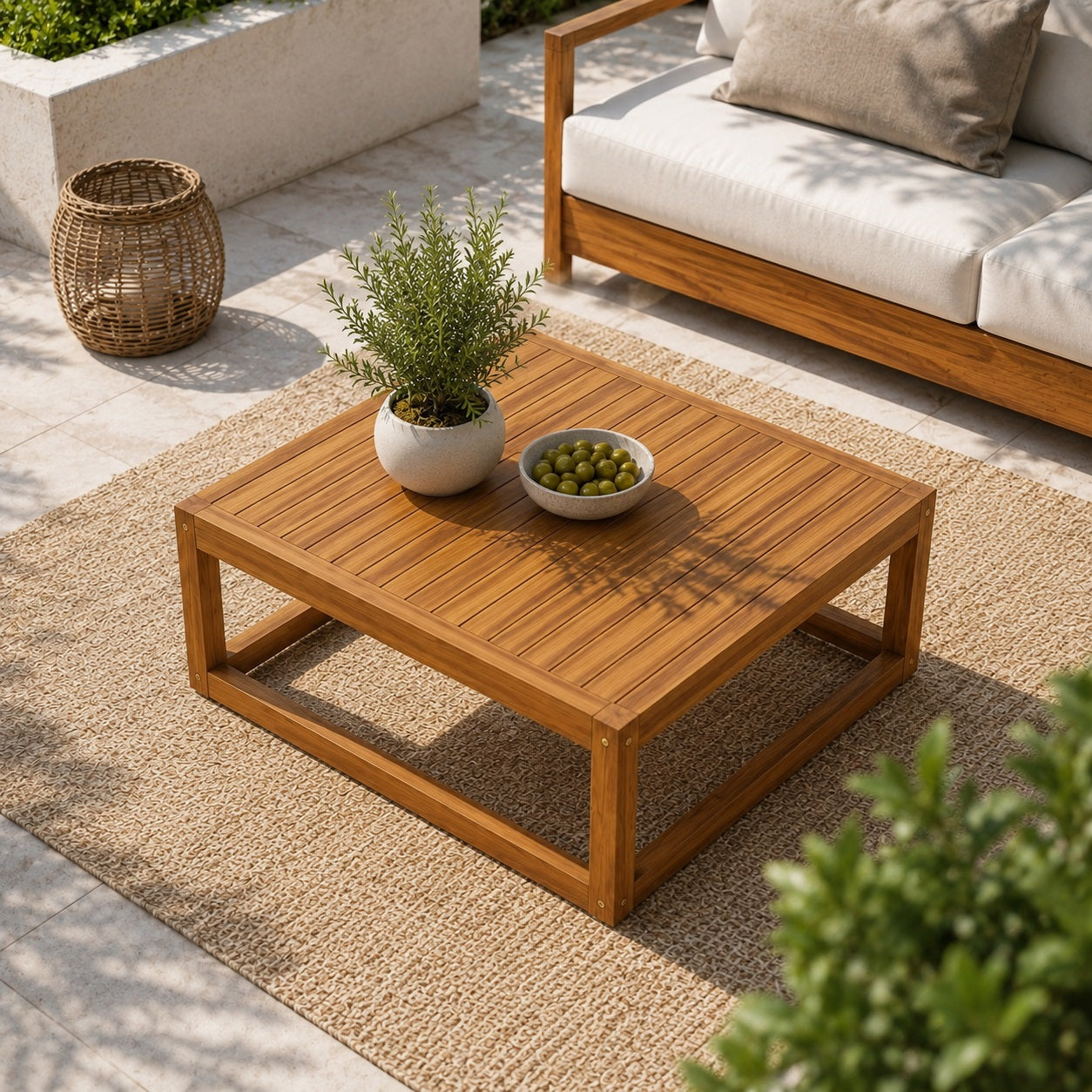 Table basse de jardin en bois sur terrasse élégante, vue en plongée, avec plateau à lattes et décoration extérieure raffinée.
