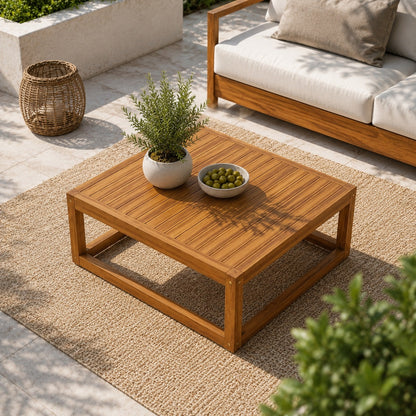 Table basse de jardin en bois sur terrasse élégante, vue en plongée, avec plateau à lattes et décoration extérieure raffinée.