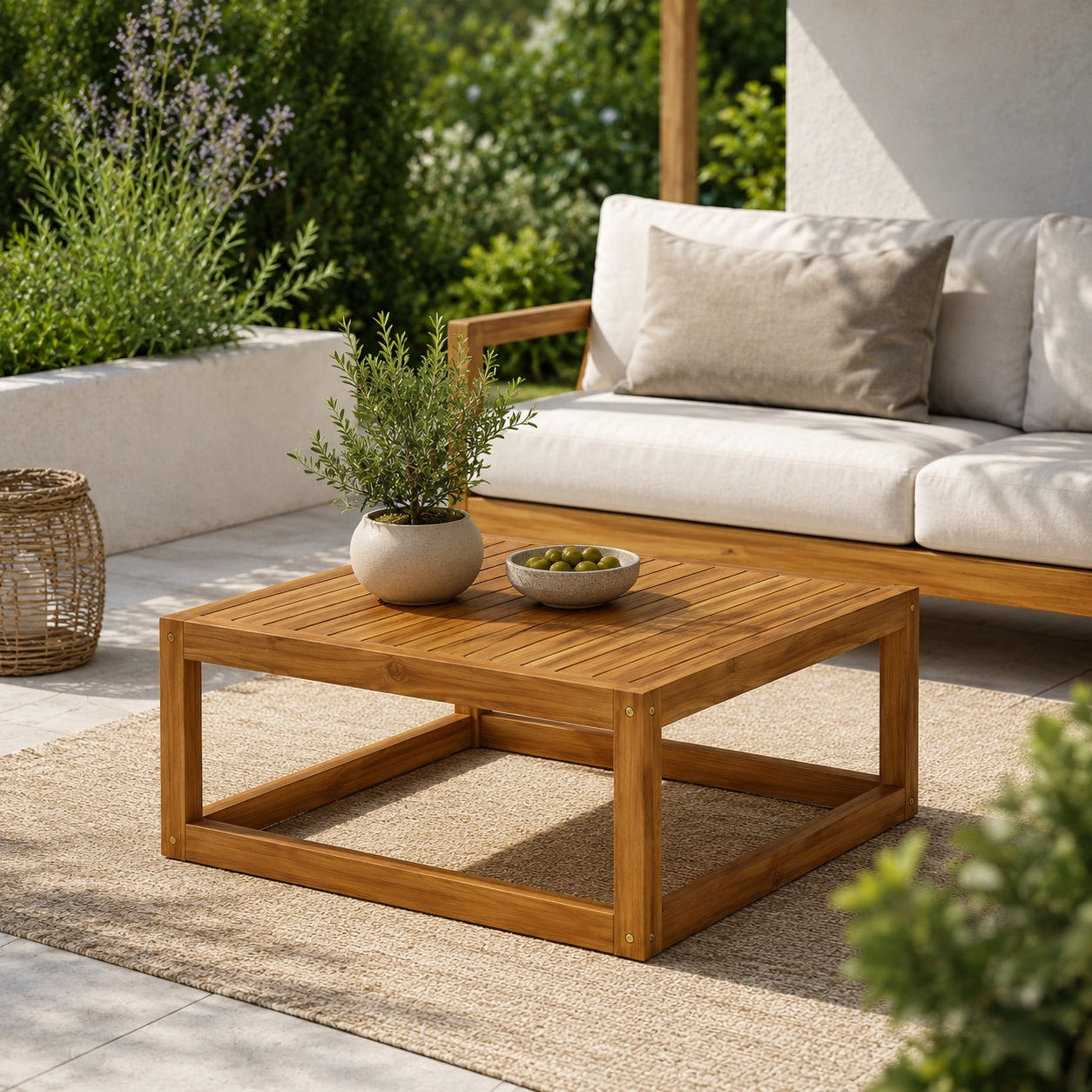 Table basse d’extérieur en bois installée sur une terrasse moderne, table basse de jardin élégante avec salon extérieur lumineux.