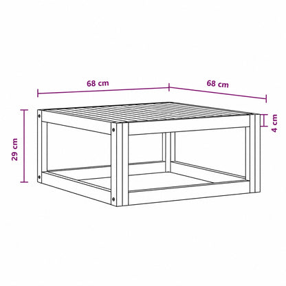 Dimensions d’une table basse de jardin carrée en bois naturel 68 x 68 x 29 cm, table basse d’extérieur moderne et fonctionnelle.