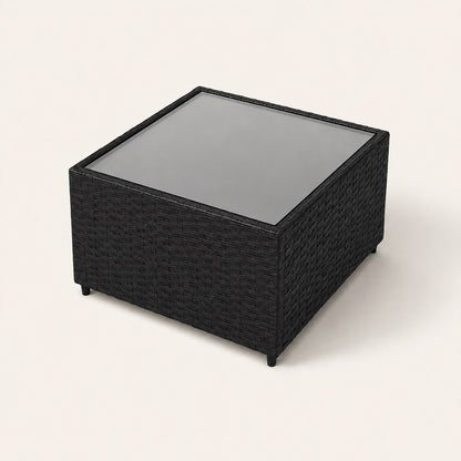 Vue dessus de la table basse de jardin noire avec plateau verre, table basse d'extérieur