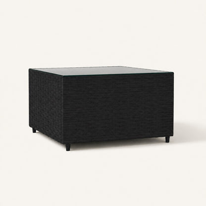 Table basse de jardin Vantara noire en résine tressée, table basse d'extérieur moderne avec verre