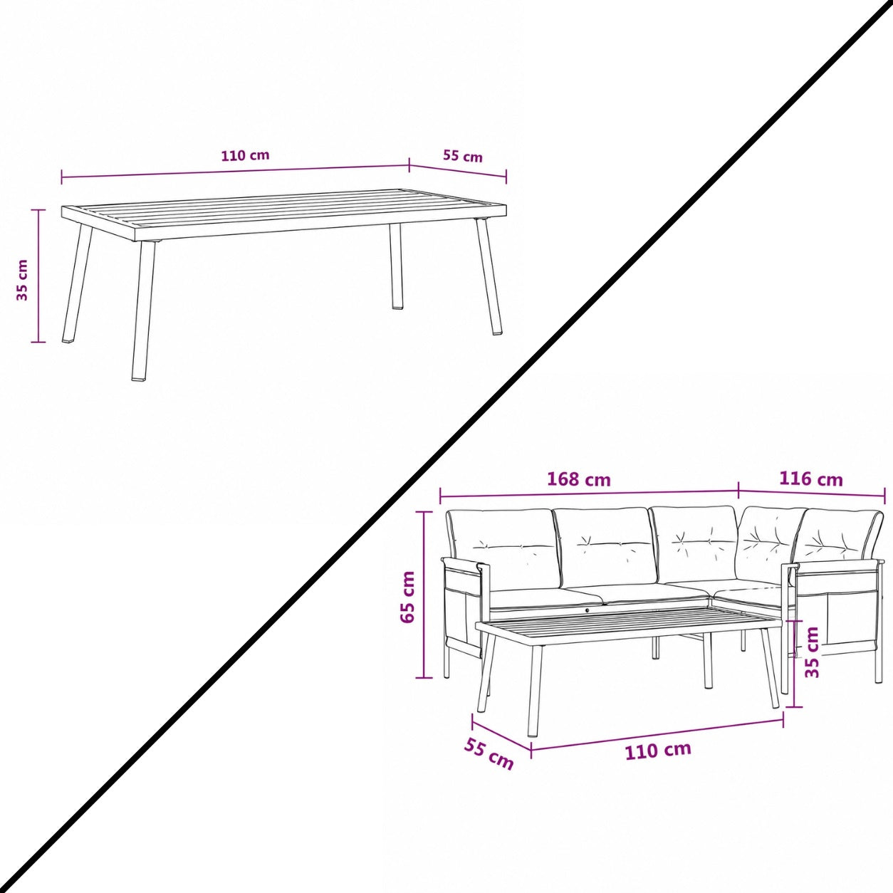 Schéma avec dimensions détaillées d’une table basse et d’un salon de jardin d’angle sur fond blanc.