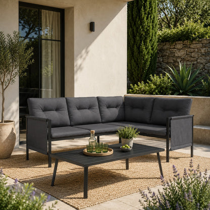Table basse extérieur Veyron avec salon de jardin moderne sur terrasse élégante et lumineuse
