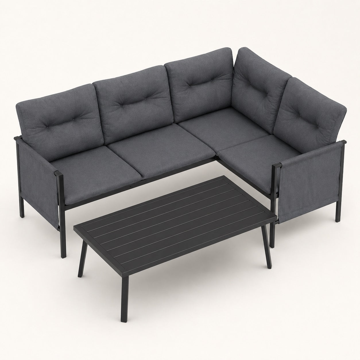 Vue plongeante sur table basse de jardin Veyron noire avec salon extérieur contemporain
