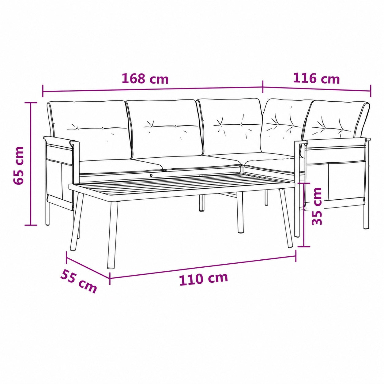 Schéma technique d’un salon de jardin d’angle avec table basse, dimensions en cm sur fond blanc.