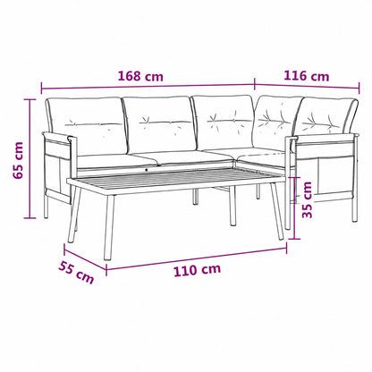 Schéma technique d’un salon de jardin d’angle avec table basse, dimensions en cm sur fond blanc.