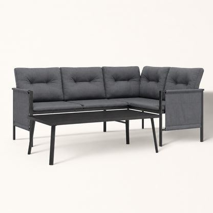 Ensemble salon et table basse de jardin Veyron noire avec coussins gris pour terrasse moderne