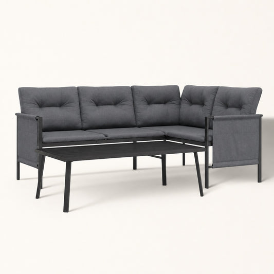 Ensemble salon et table basse de jardin Veyron noire avec coussins gris pour terrasse moderne