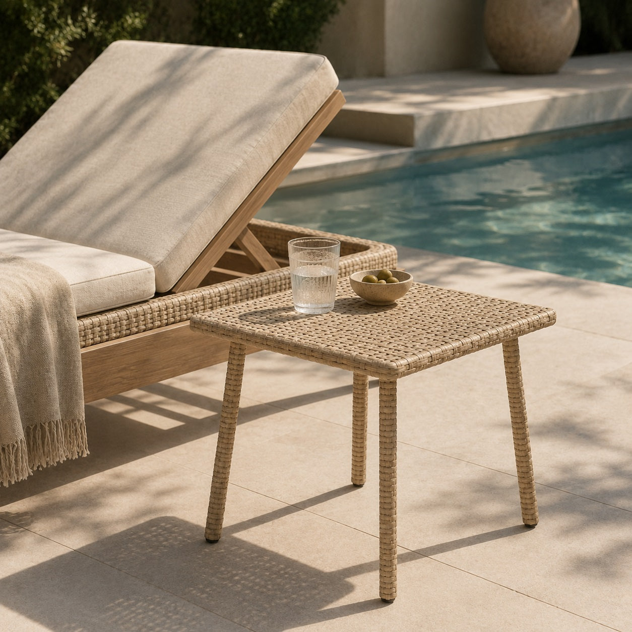 Table basse d’extérieur beige près d’une piscine pour salon de jardin moderne et espace détente