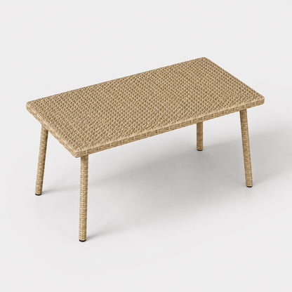 Table basse d’extérieur beige vue du dessus avec finition tressée pour terrasse et jardin moderne