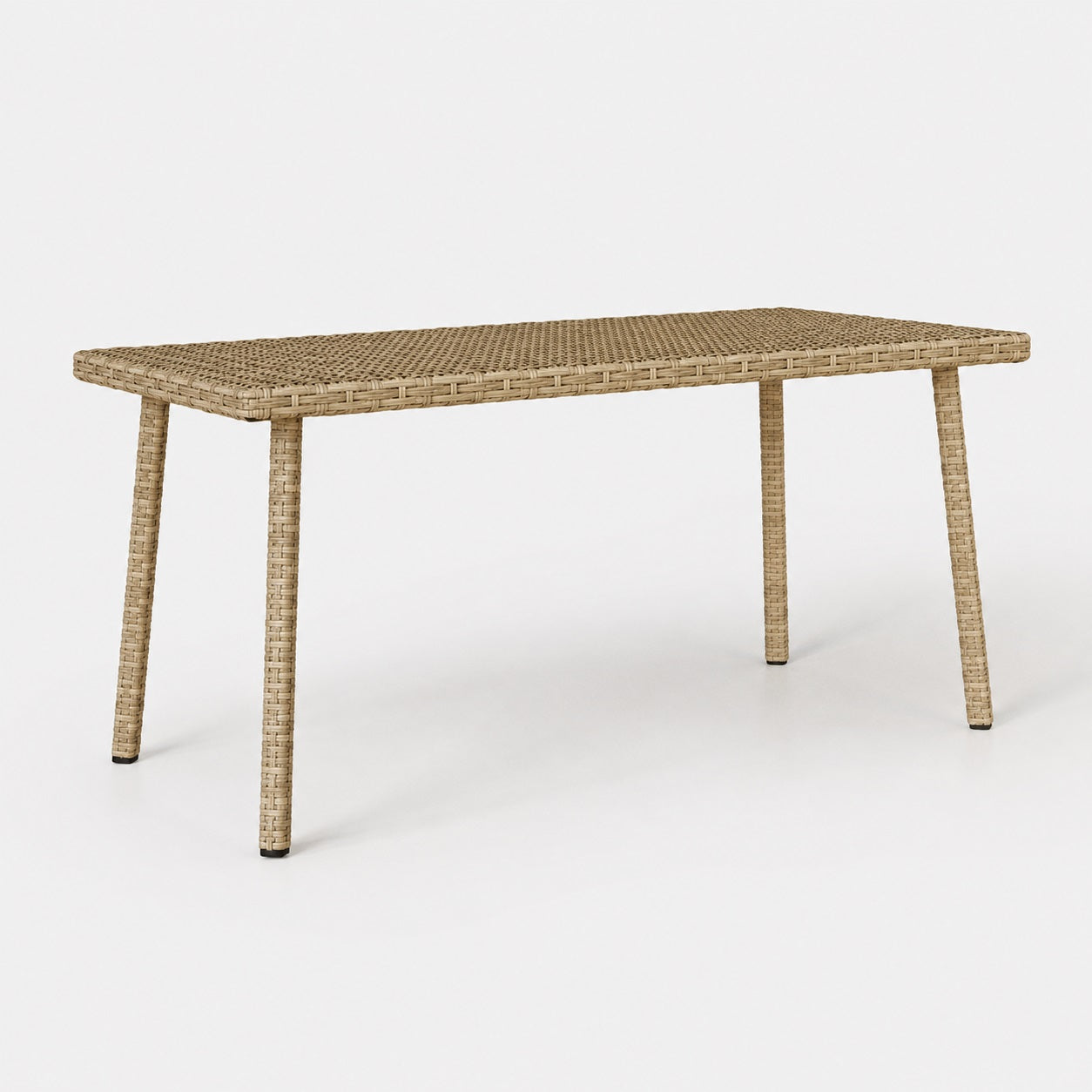 Table basse de jardin rectangulaire beige en résine tressée pour terrasse et salon extérieur moderne