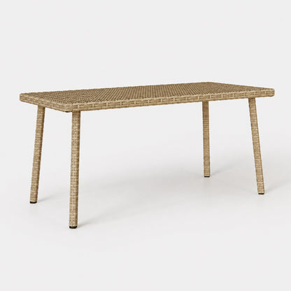 Table basse de jardin rectangulaire beige en résine tressée pour terrasse et salon extérieur moderne