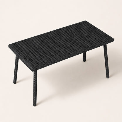 Table basse d’extérieur noire vue du dessus avec finition tressée pour terrasse moderne et jardin