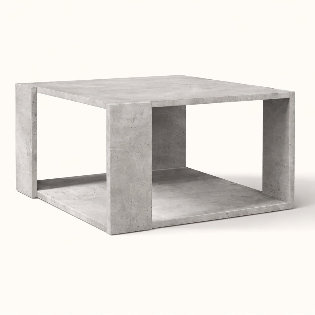 Table basse de salon finition béton gris au design structuré avec rangement intégré