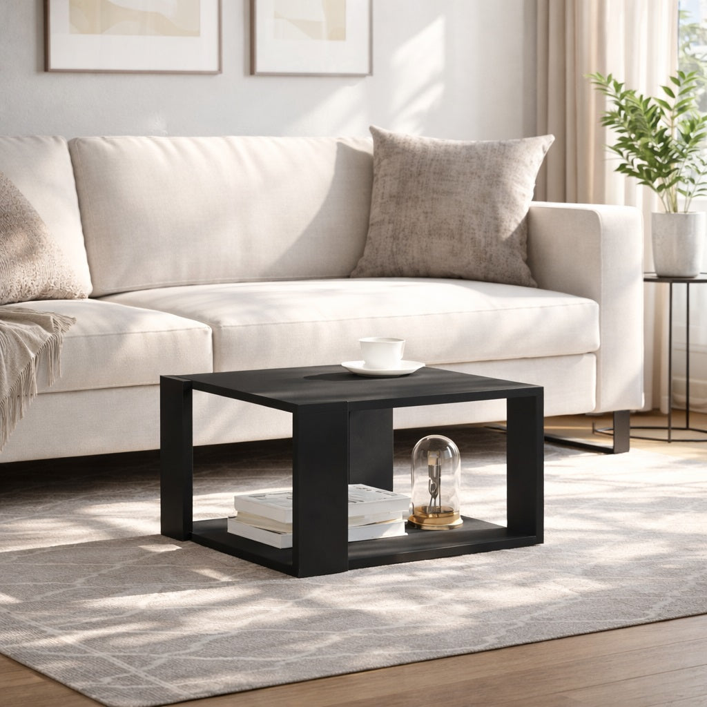 Table basse de salon noire en situation dans un salon moderne, élégante et fonctionnelle