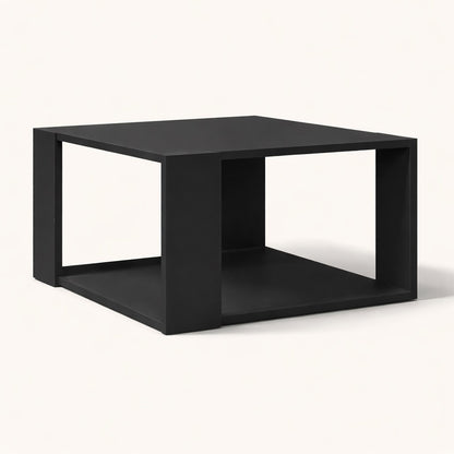 Table basse de salon noire au design cubique minimaliste avec espace de rangement ouvert