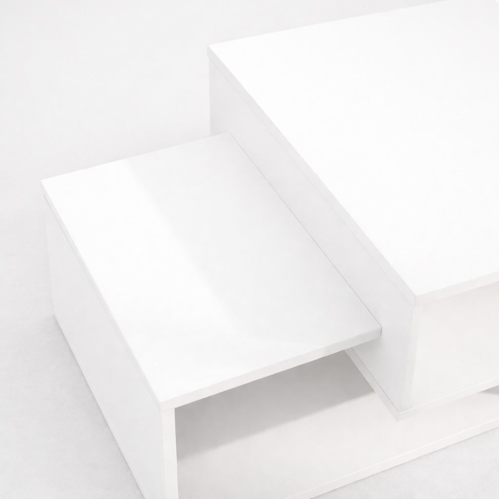 Détail du plateau de table basse salon blanche, finition lisse et lignes nettes au style minimaliste.