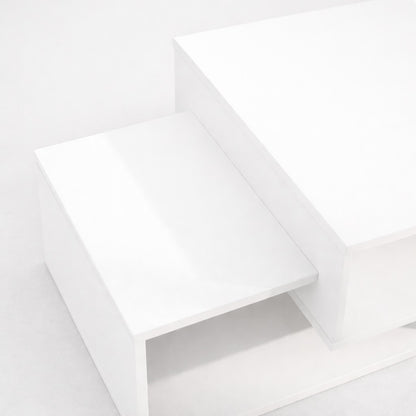 Détail du plateau de table basse salon blanche, finition lisse et lignes nettes au style minimaliste.