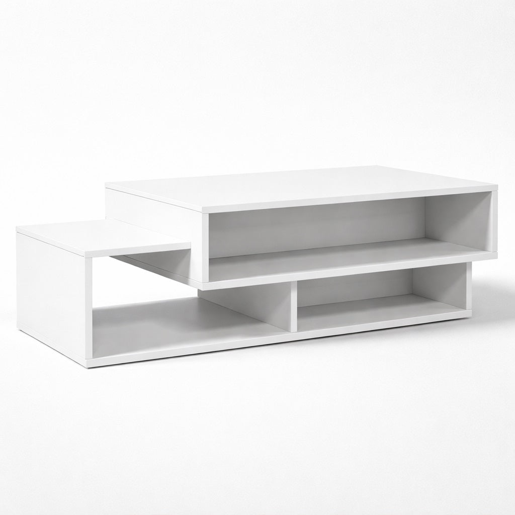Table basse salon blanche au design moderne avec rangements ouverts, idéale pour un intérieur épuré et contemporain.