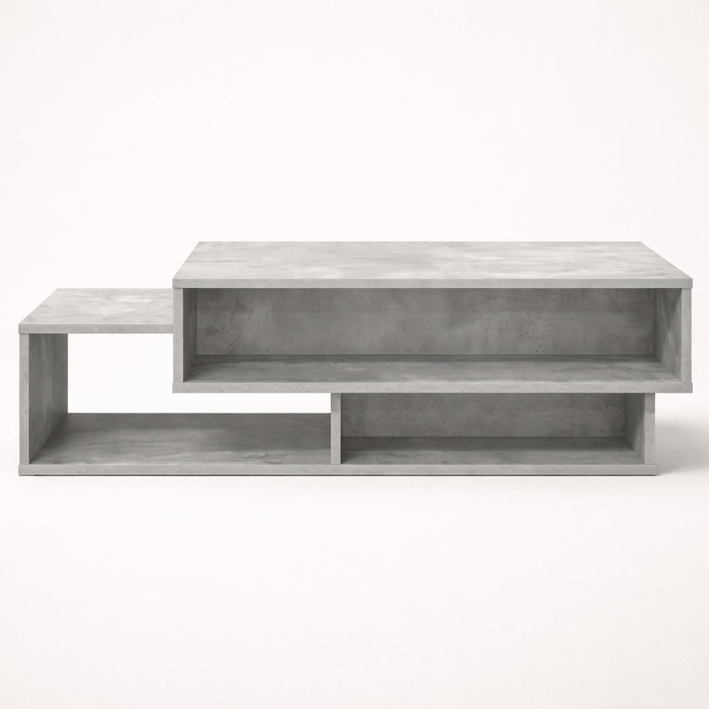 Table basse salon effet béton vue de face, lignes architecturales et rangements fonctionnels.