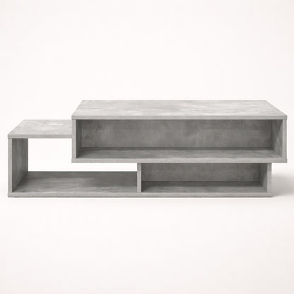 Table basse salon effet béton vue de face, lignes architecturales et rangements fonctionnels.