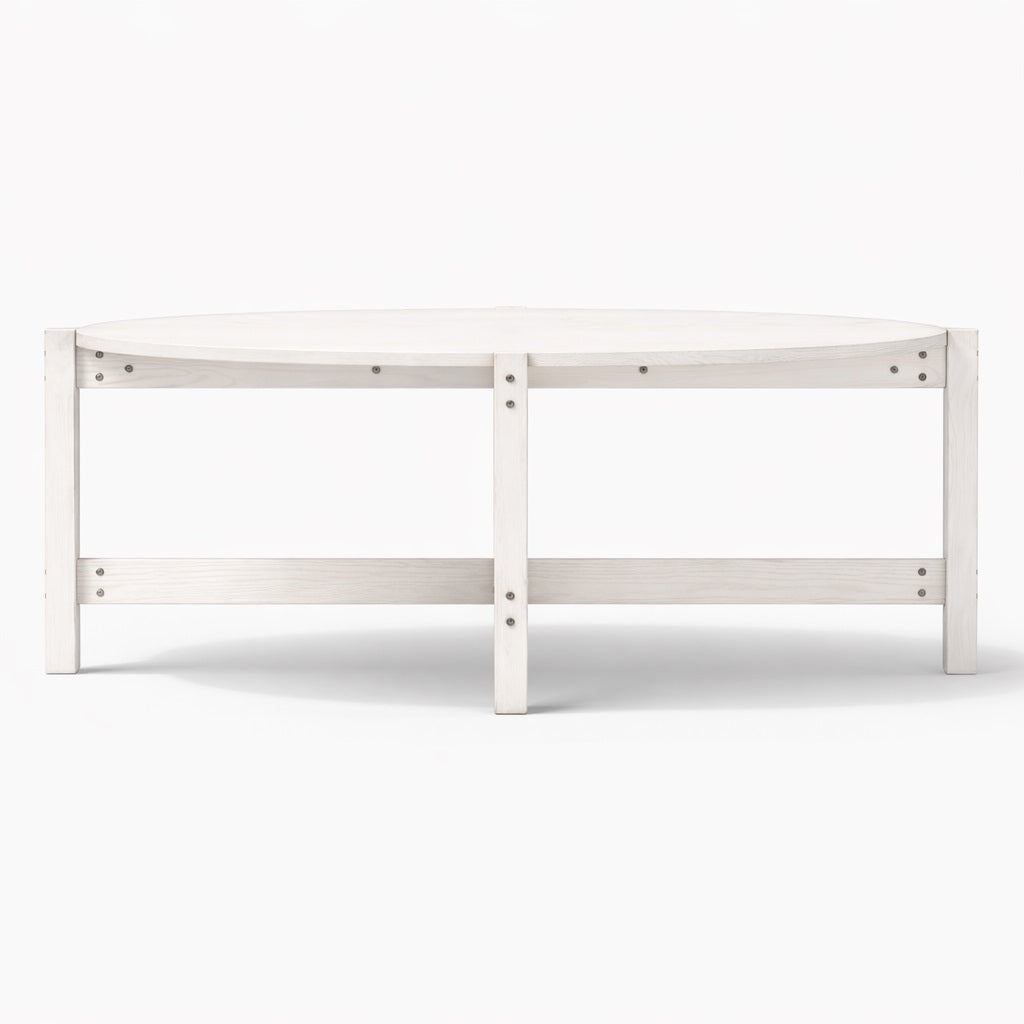 Table basse blanche de salon vue frontale, structure en bois solide avec lignes épurées et style contemporain.