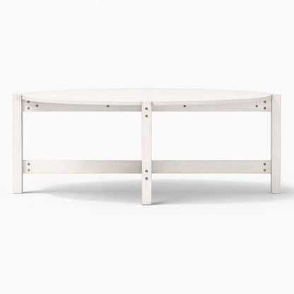 Table basse blanche de salon vue frontale, structure en bois solide avec lignes épurées et style contemporain.