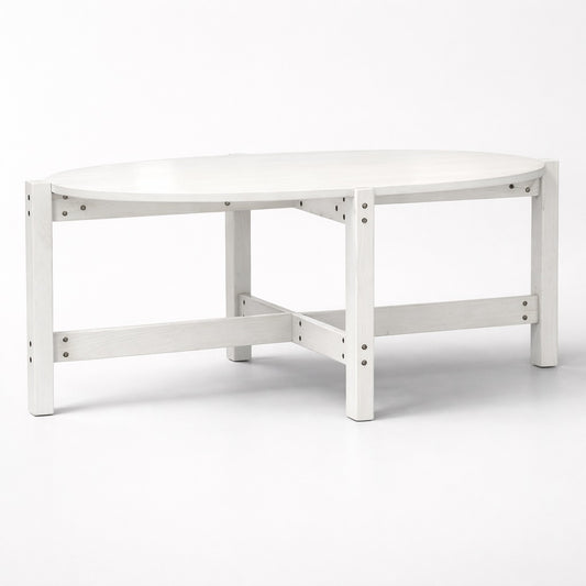 Table basse blanche ronde en bois, design minimaliste et robuste, idéale comme table basse de salon moderne.