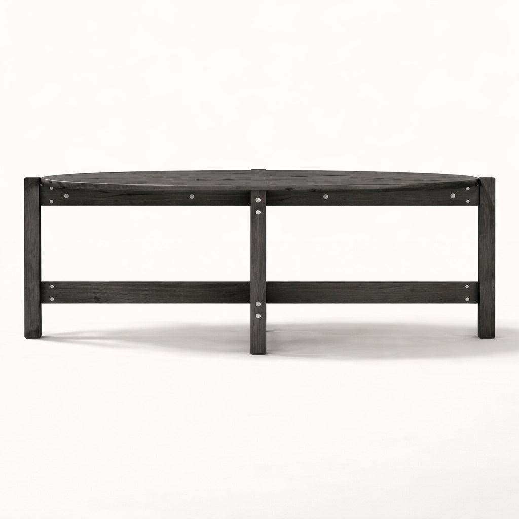 Table basse de salon en bois foncé vue de face, lignes épurées et style contemporain.
