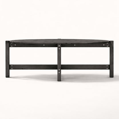 Table basse de salon en bois foncé vue de face, lignes épurées et style contemporain.