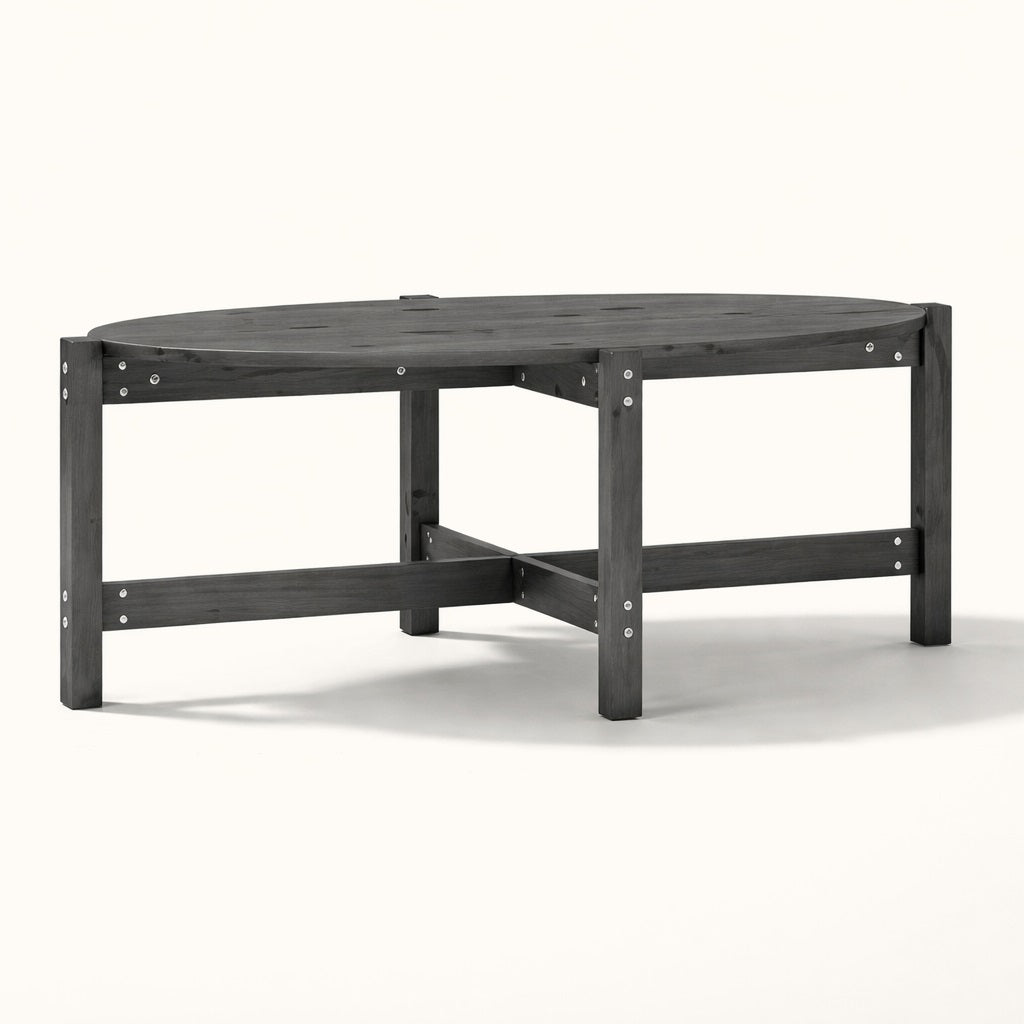 Table basse de salon ronde en bois foncé, design minimaliste et structure robuste.