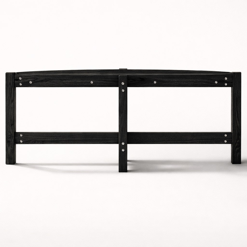 Table basse blanche de salon vue de face, lignes épurées, piètement solide et design minimaliste.