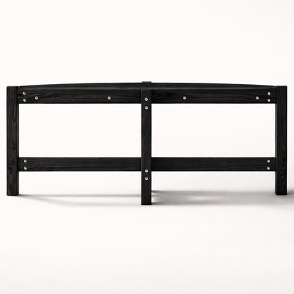 Table basse blanche de salon vue de face, lignes épurées, piètement solide et design minimaliste.