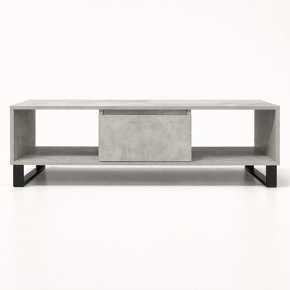 Table basse salon grise rectangulaire avec tiroir central et structure moderne