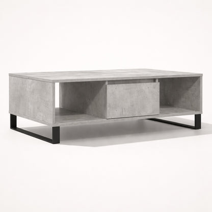 Table basse salon grise effet béton au design minimaliste avec espace de rangement