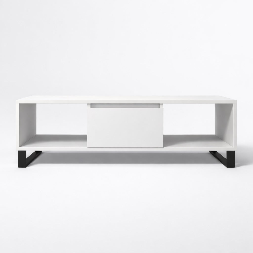 Table basse salon blanche rectangulaire avec niche de rangement et structure épurée