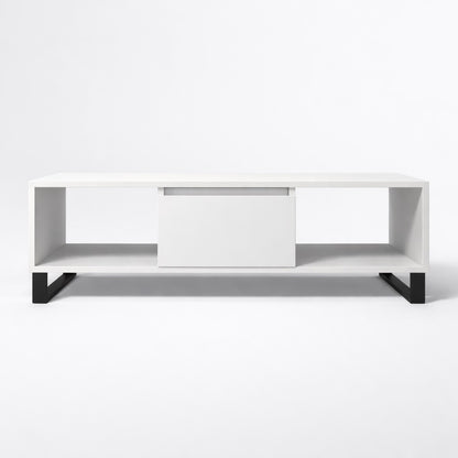 Table basse salon blanche rectangulaire avec niche de rangement et structure épurée