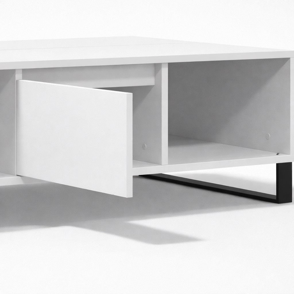Détail du tiroir coulissant d’une table basse salon blanche au style contemporain