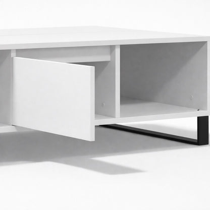 Détail du tiroir coulissant d’une table basse salon blanche au style contemporain