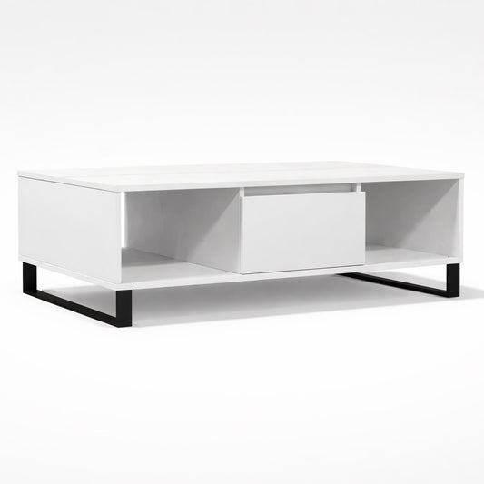 Table basse salon blanche au design moderne, avec rangement central et pieds métal noirs