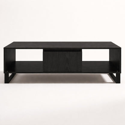 Table basse salon noire rectangulaire avec tiroir central et piètement métal