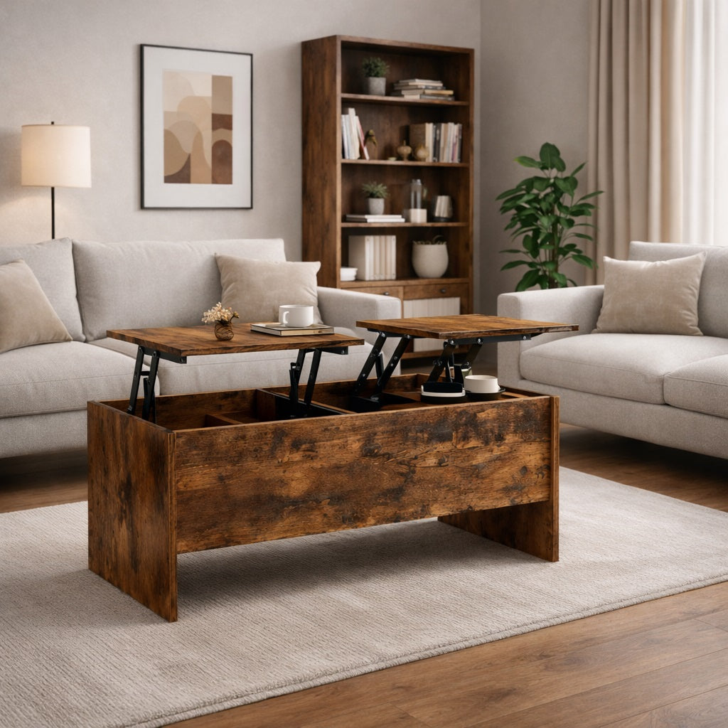 Table basse relevable en bois chêne fumé dans un salon moderne avec double plateau relevable et rangement
